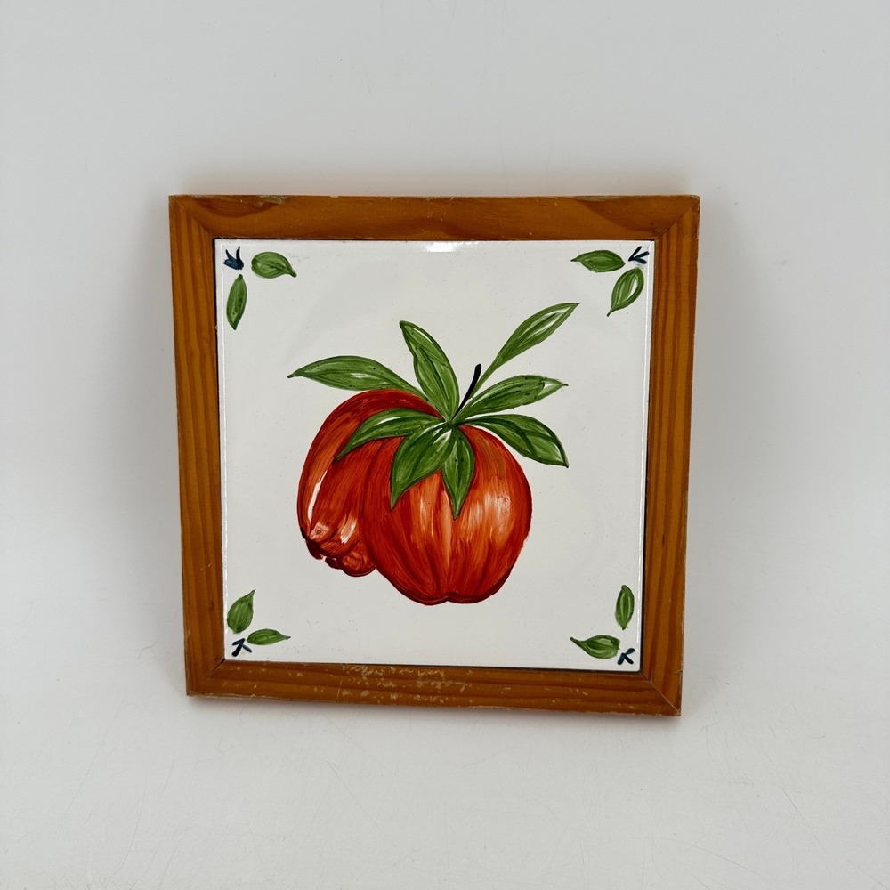 Vintage Hand Painted Apple Ceramic Tile in Wooden Frame Kitchen Wall Art Decor